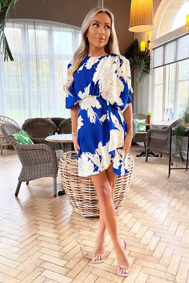 AX Paris Blue And Cream Floral Printed Round Neck Mini Dress Women Dresses