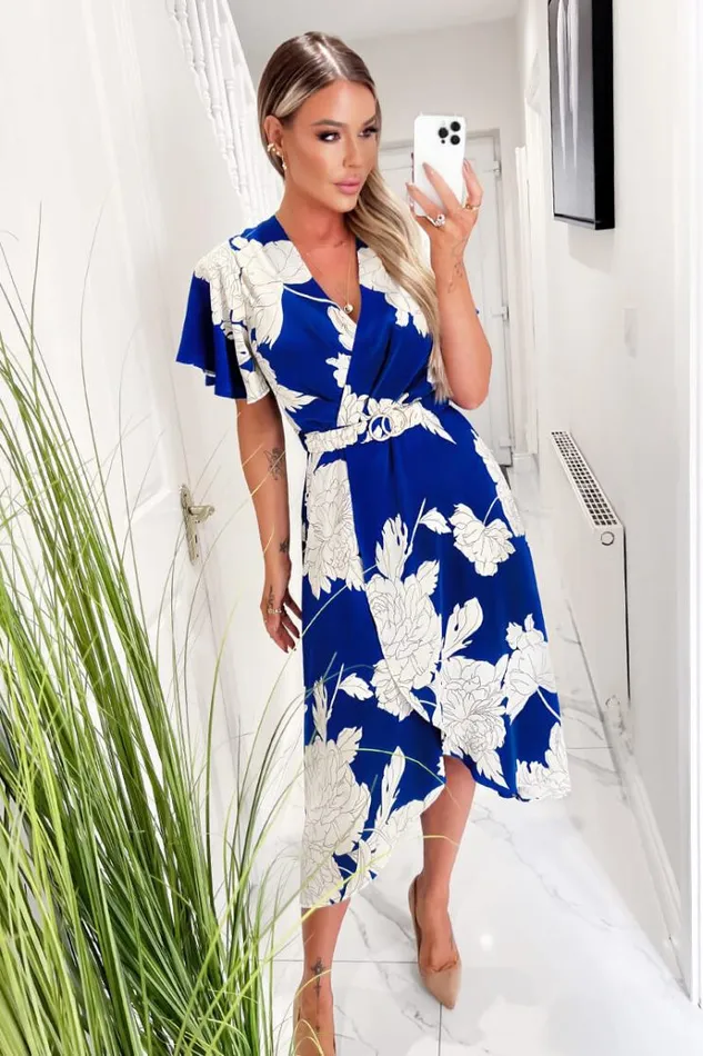 AX Paris Blue And Cream Floral Printed Short Sleeve Belted Midi Dress Women Dresses AX Paris Blue And Cream Floral Printed Short Sleeve Belted Midi Dress Women Dresses