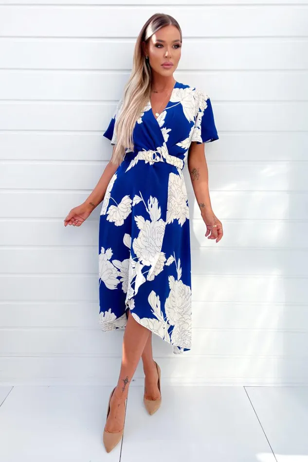 AX Paris Blue And Cream Floral Printed Short Sleeve Belted Midi Dress Women Dresses