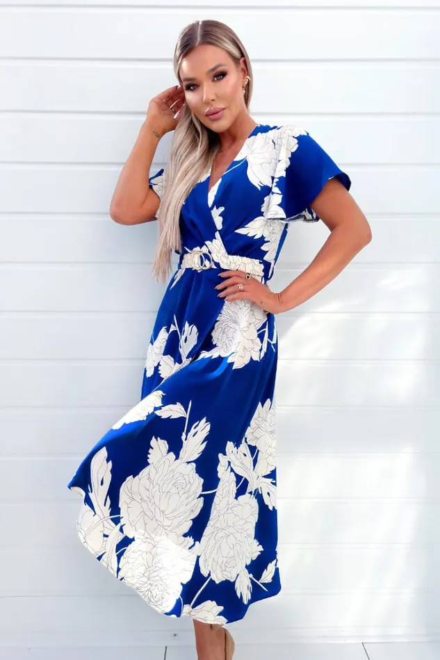 AX Paris Blue And Cream Floral Printed Short Sleeve Belted Midi Dress Women Dresses