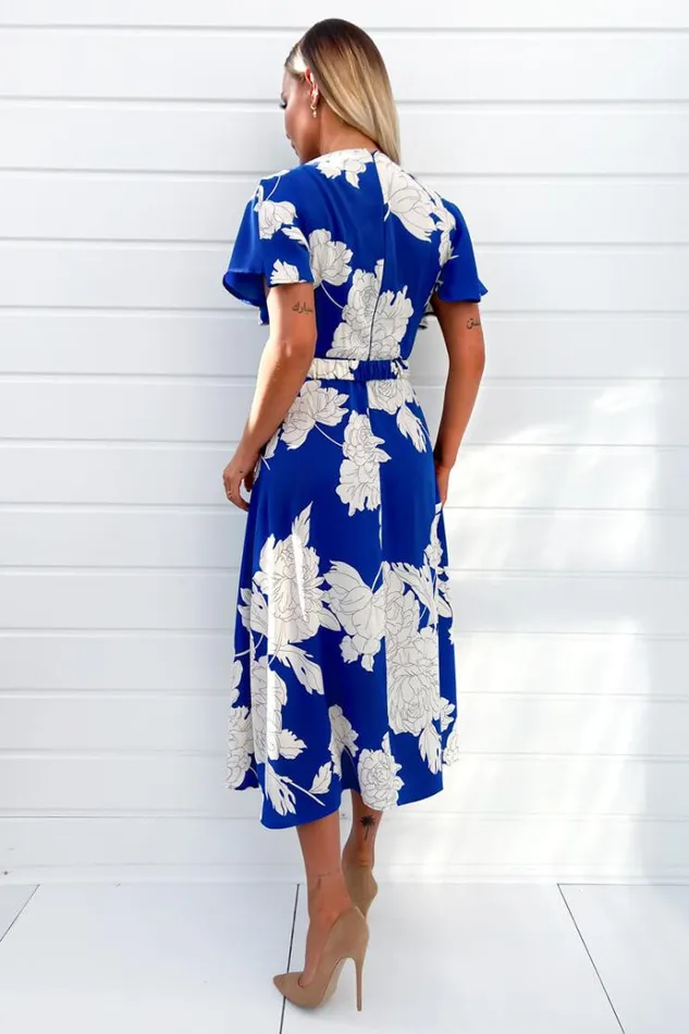 AX Paris Blue And Cream Floral Printed Short Sleeve Belted Midi Dress Women Dresses