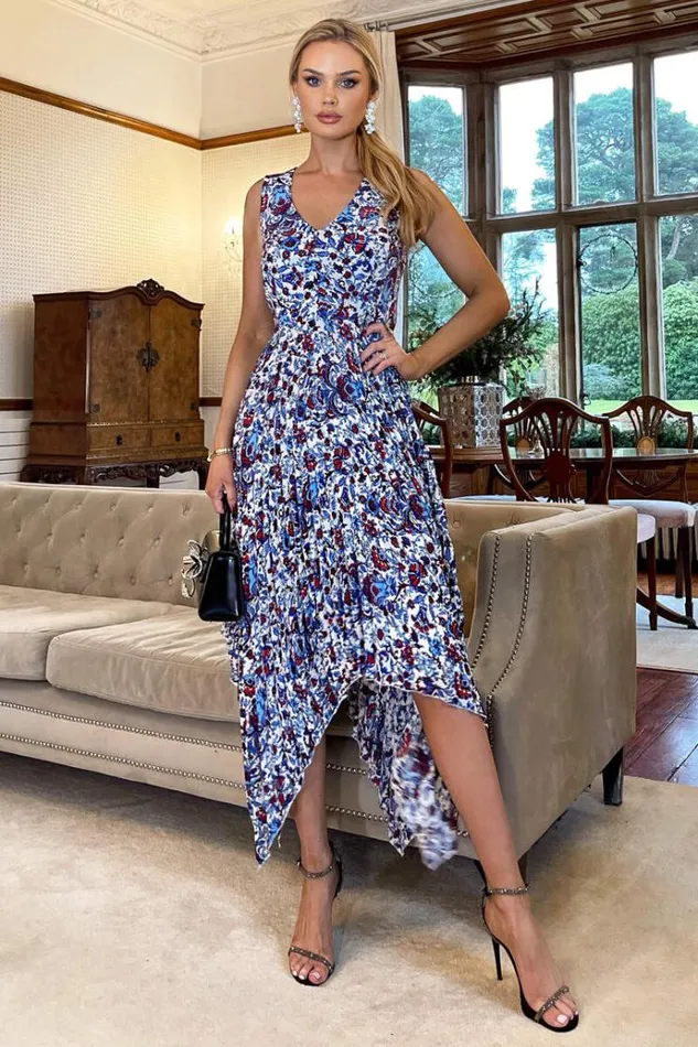 AX Paris Blue And Red Floral Printed V Neck Zig Zag Pleated Midi Dress Women Dresses AX Paris Blue And Red Floral Printed V Neck Zig Zag Pleated Midi Dress Women Dresses