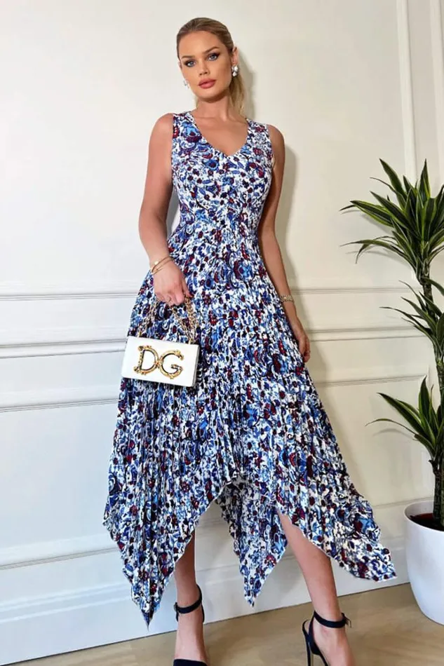 AX Paris Blue And Red Floral Printed V Neck Zig Zag Pleated Midi Dress Women Dresses