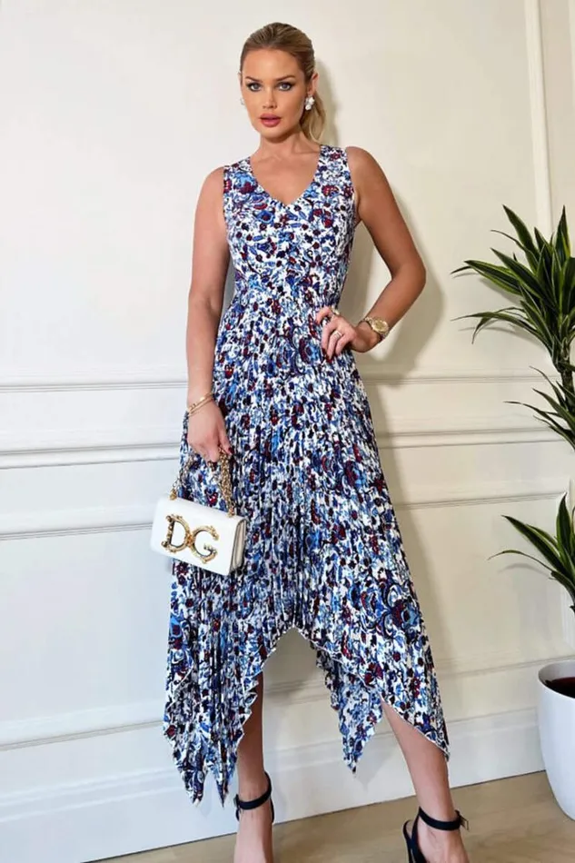 AX Paris Blue And Red Floral Printed V Neck Zig Zag Pleated Midi Dress Women Dresses