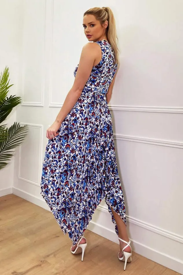 AX Paris Blue And Red Floral Printed V Neck Zig Zag Pleated Midi Dress Women Dresses