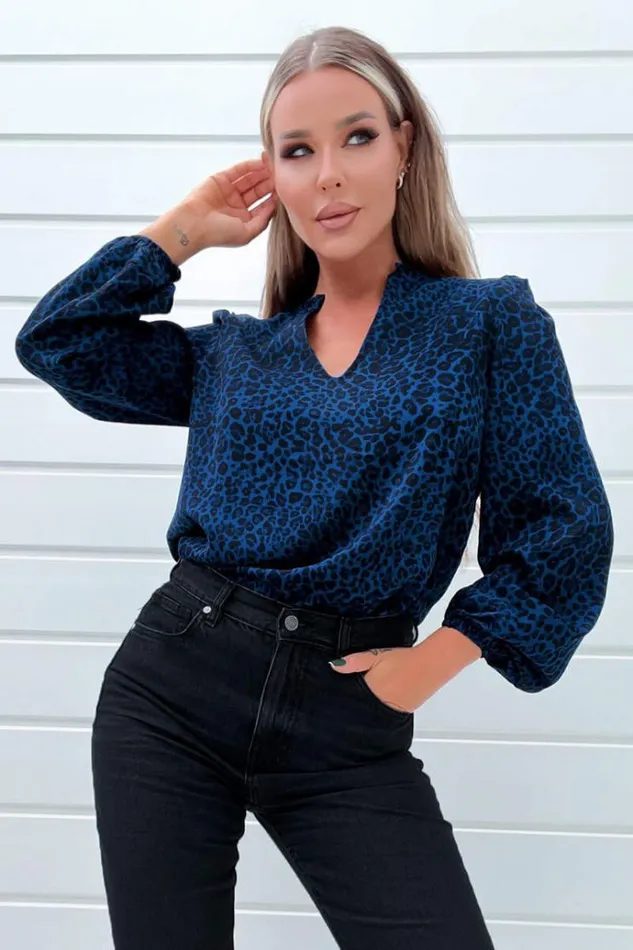 AX Paris Blue Animal Print Long Sleeve Blouse Women Tops