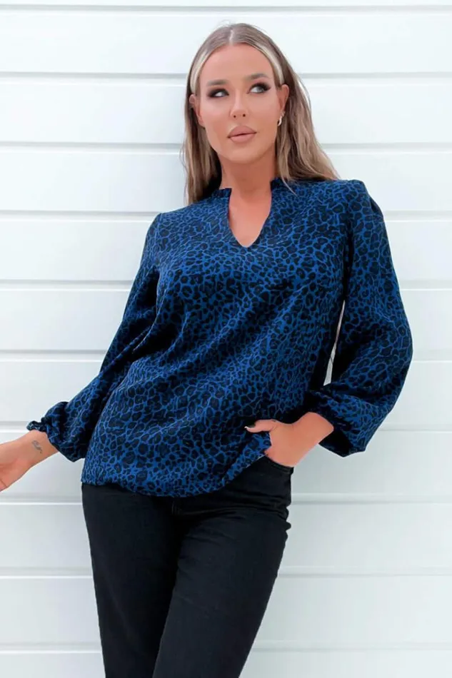 AX Paris Blue Animal Print Long Sleeve Blouse Women Tops