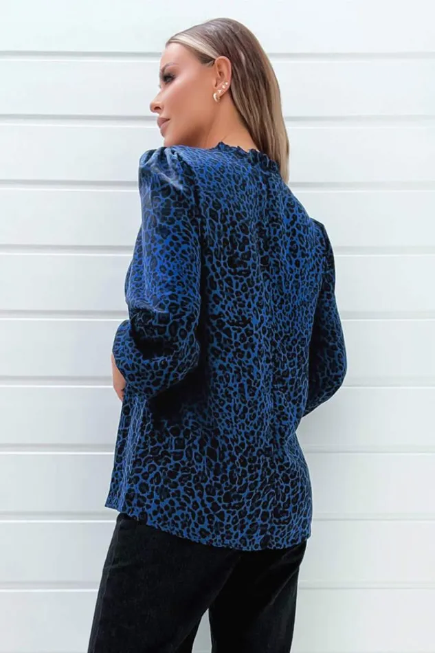 AX Paris Blue Animal Print Long Sleeve Blouse Women Tops