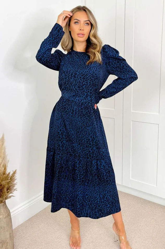 AX Paris Blue Animal Print Long Sleeve Smock Dress Women Dresses
