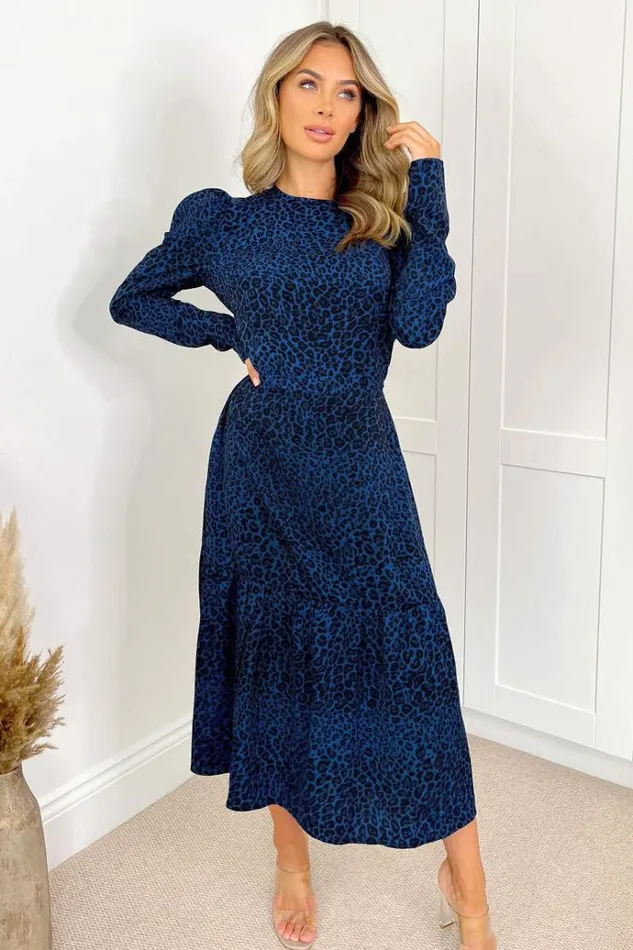 AX Paris Blue Animal Print Long Sleeve Smock Dress Women Dresses
