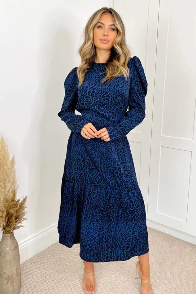 AX Paris Blue Animal Print Long Sleeve Smock Dress Women Dresses