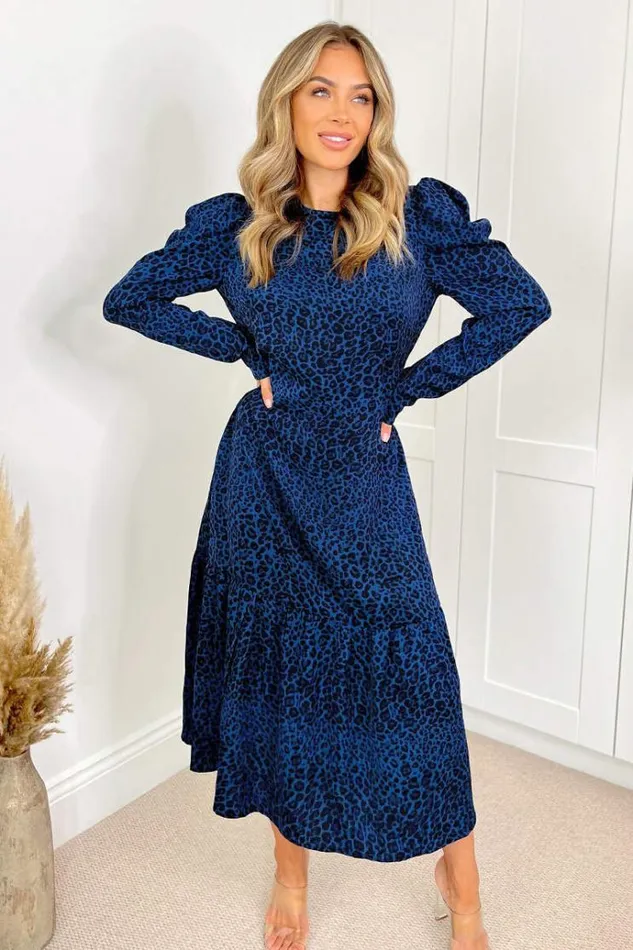 AX Paris Blue Animal Print Long Sleeve Smock Dress Women Dresses