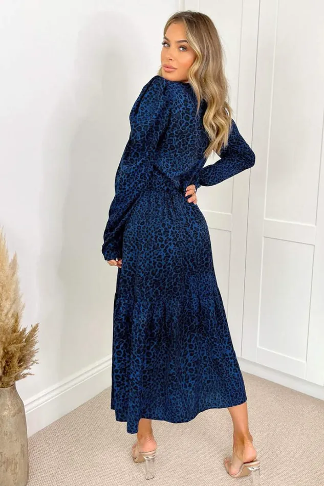 AX Paris Blue Animal Print Long Sleeve Smock Dress Women Dresses
