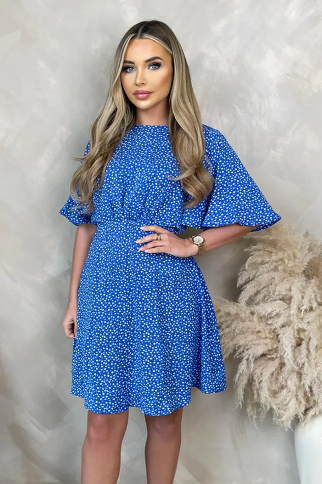 AX Paris Blue Ditsy Printed Butterfly Sleeve Mini Dress Women Dresses