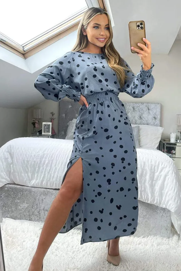 AX Paris Blue Dot Printed Elasticated Waist Midi Dress Women Dresses