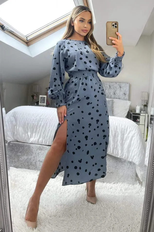 AX Paris Blue Dot Printed Elasticated Waist Midi Dress Women Dresses