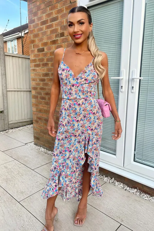 AX Paris Blue Floral Frill Hem Strappy Midi Dress Women Dresses