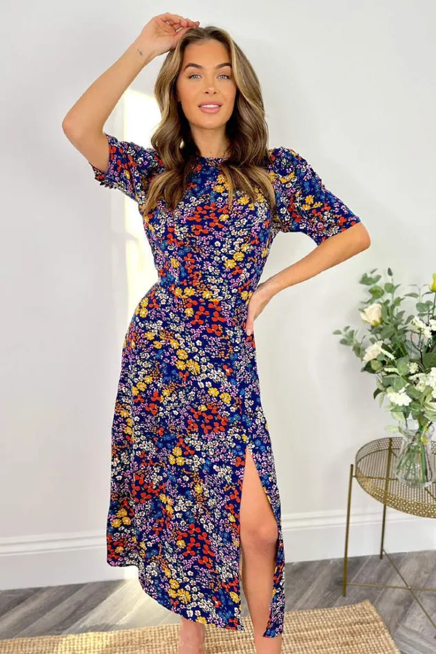 AX Paris Blue Floral Pleated Sleeve Split Leg Midi Dress Women Dresses