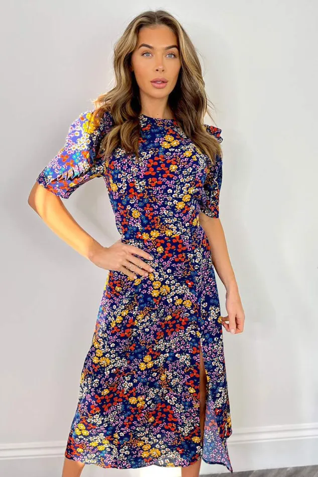 AX Paris Blue Floral Pleated Sleeve Split Leg Midi Dress Women Dresses