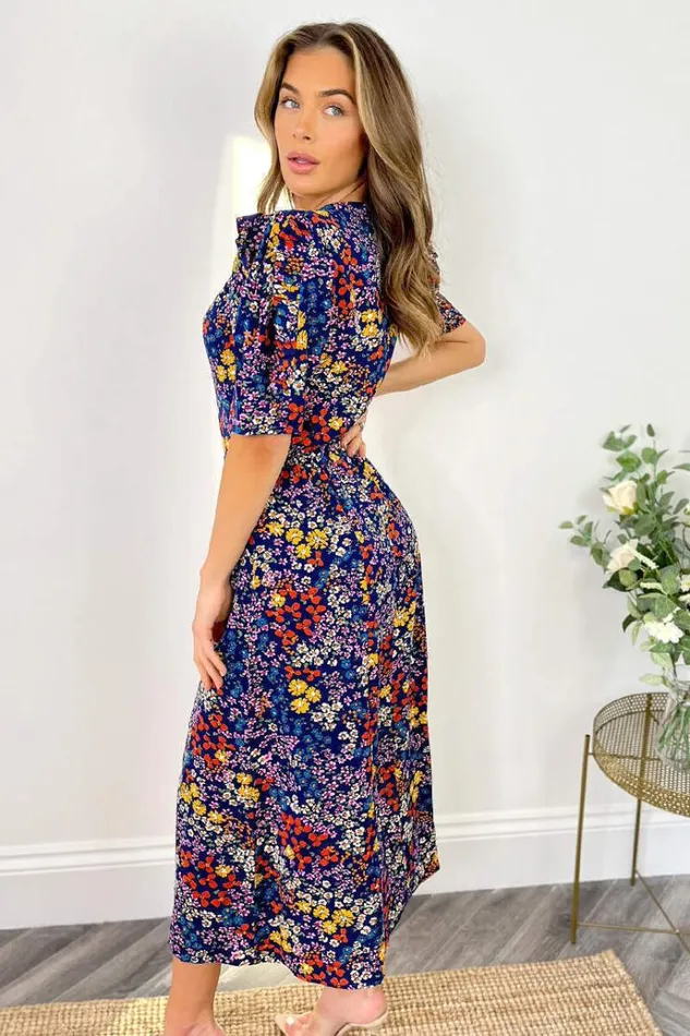 AX Paris Blue Floral Pleated Sleeve Split Leg Midi Dress Women Dresses