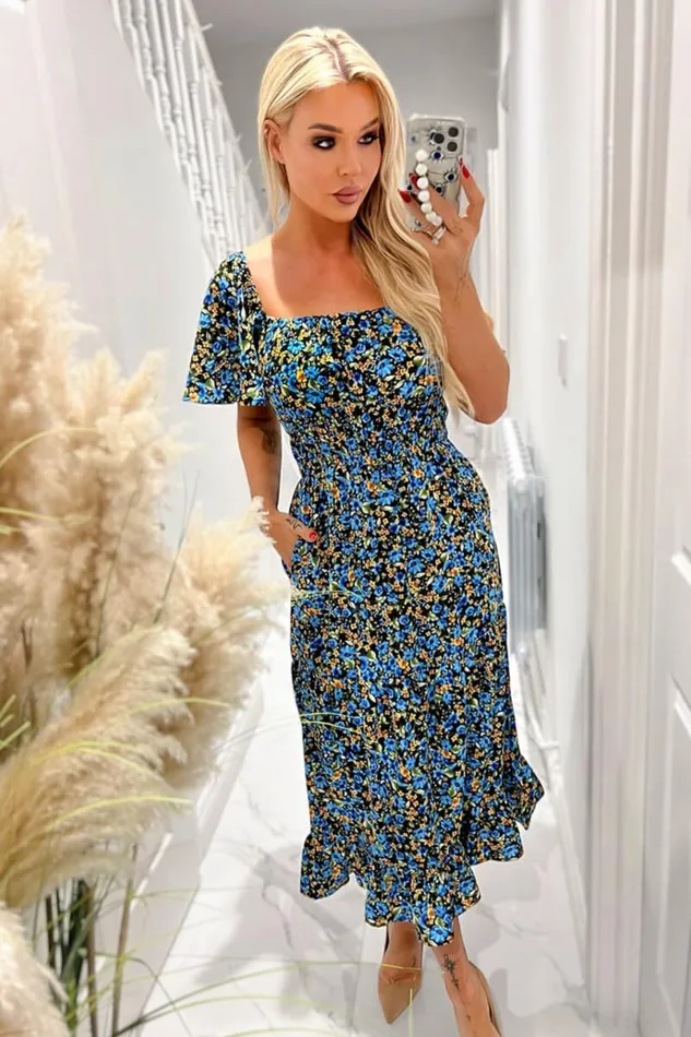 AX Paris Blue Floral Printed Flutter Sleeve Midi Smock Dress Women Dresses