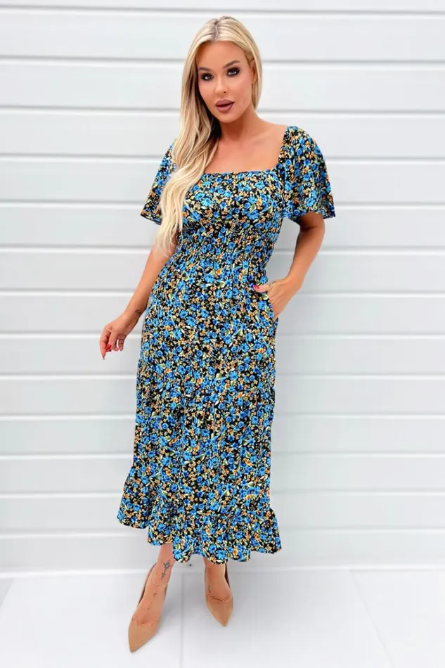 AX Paris Blue Floral Printed Flutter Sleeve Midi Smock Dress Women Dresses