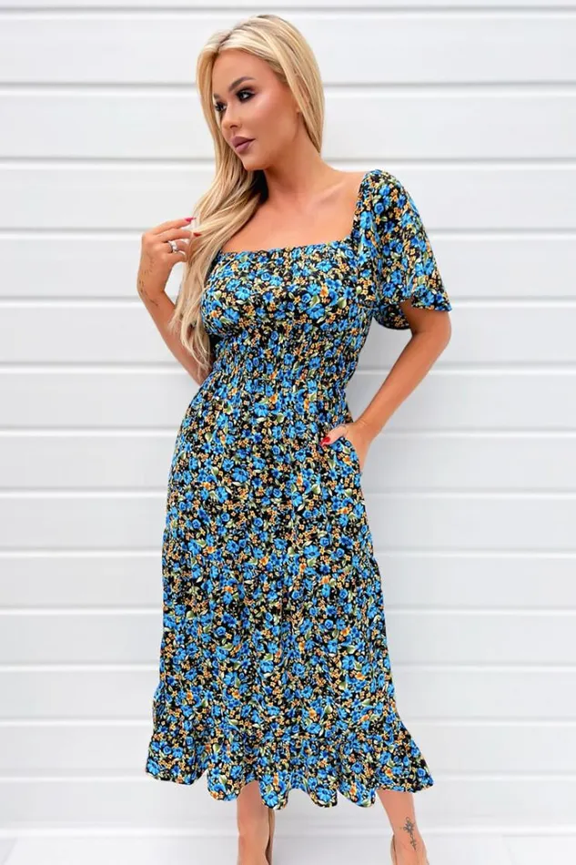 AX Paris Blue Floral Printed Flutter Sleeve Midi Smock Dress Women Dresses