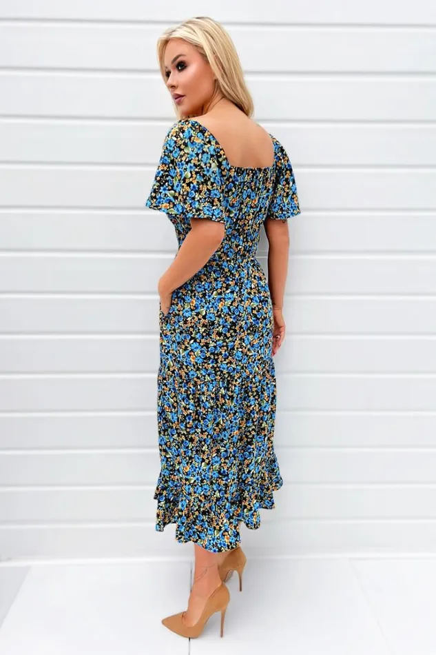 AX Paris Blue Floral Printed Flutter Sleeve Midi Smock Dress Women Dresses