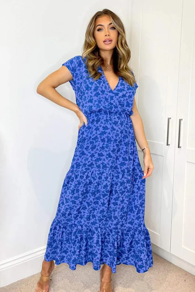 AX Paris Blue Floral Printed Short Sleeved VNeck Midi Smock Dress Women Dresses