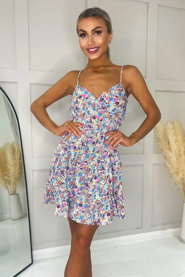 AX Paris Blue Floral Strappy Wrap Top Frill Hem Dress Women Dresses