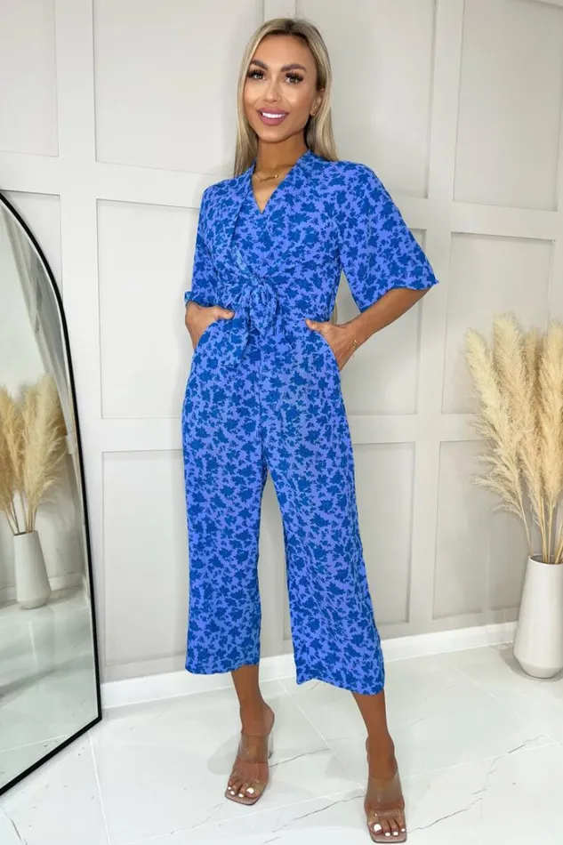 AX Paris Blue Floral Tie Front Jumpsuit Women Jumpsuits And Playsuits