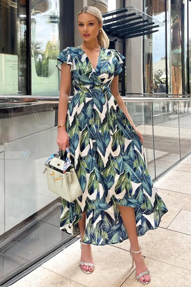 AX Paris Blue Leaf Print Short Sleeve Belted Wrap Midi Dress Women Dresses