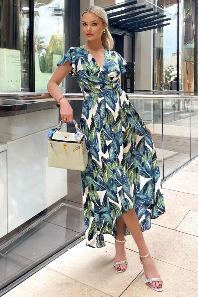 AX Paris Blue Leaf Print Short Sleeve Belted Wrap Midi Dress Women Dresses