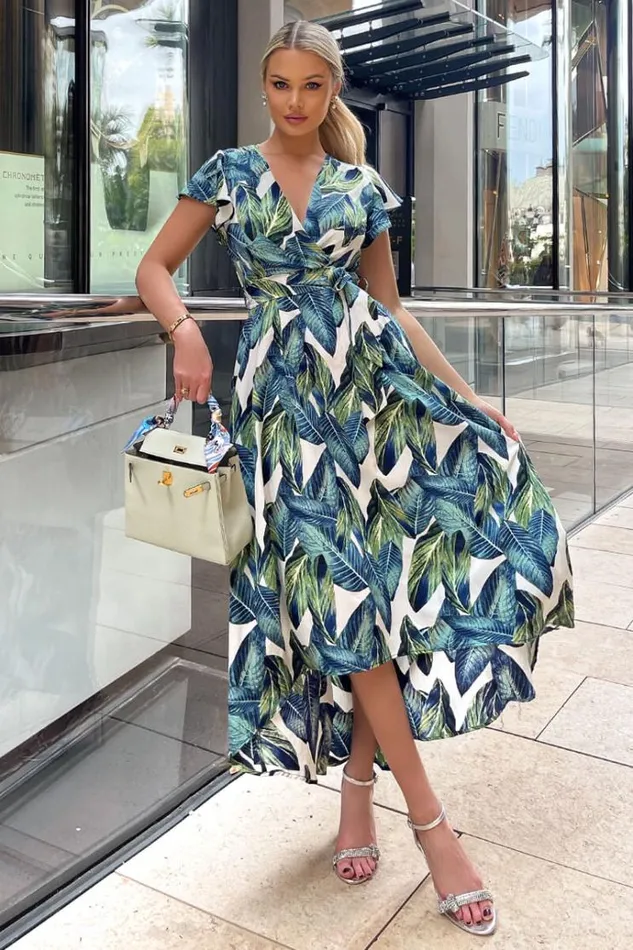 AX Paris Blue Leaf Print Short Sleeve Belted Wrap Midi Dress Women Dresses