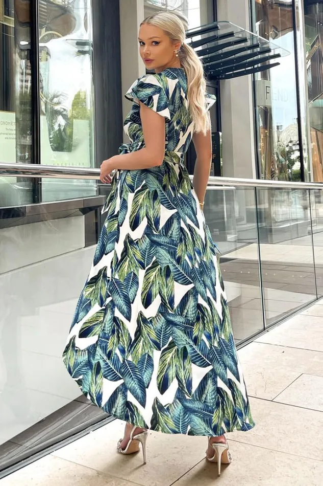 AX Paris Blue Leaf Print Short Sleeve Belted Wrap Midi Dress Women Dresses