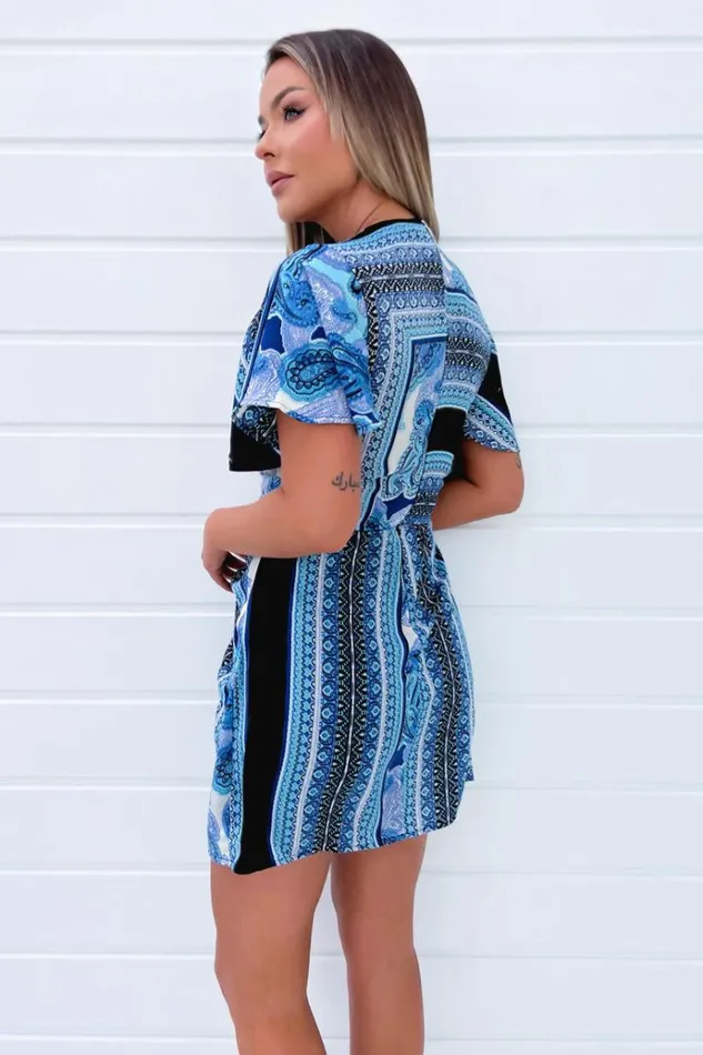AX Paris Blue Paisley Printed V Neck Mini Dress Women Dresses