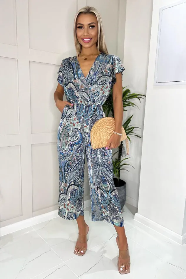 AX Paris Blue Paisley Printed Wrap Front Short Sleeve Jumpsuit Women Jumpsuits And Playsuits AX Paris Blue Paisley Printed Wrap Front Short Sleeve Jumpsuit Women Jumpsuits And Playsuits
