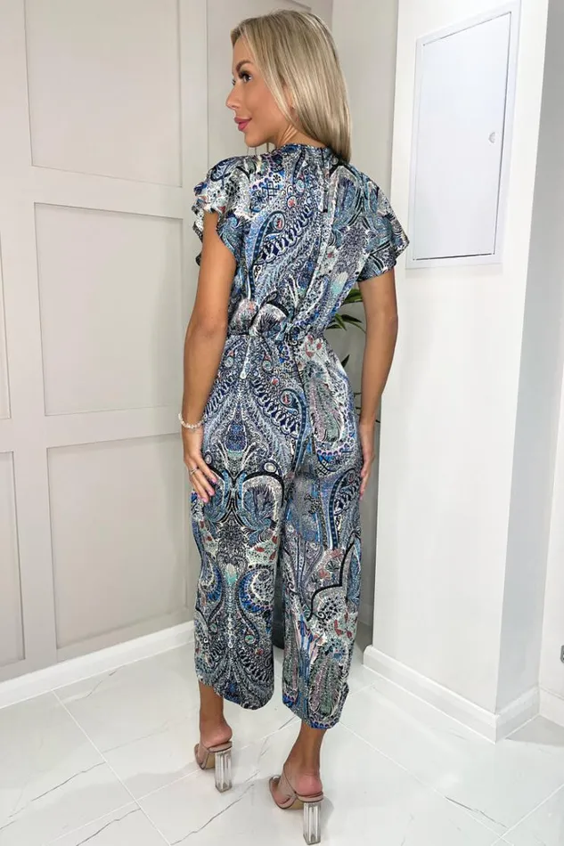 AX Paris Blue Paisley Printed Wrap Front Short Sleeve Jumpsuit Women Jumpsuits And Playsuits