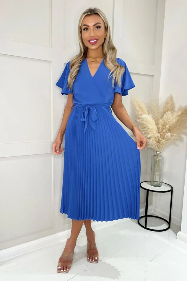 AX Paris Blue Pleated Midi Dress With Tie Waist Women Dresses