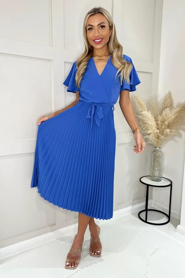 AX Paris Blue Pleated Midi Dress With Tie Waist Women Dresses