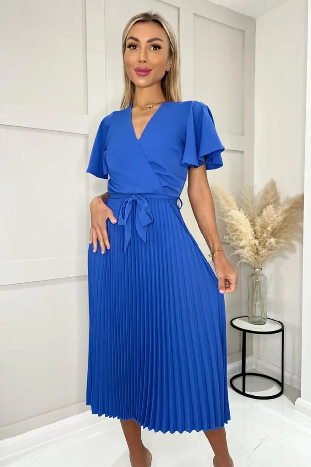 AX Paris Blue Pleated Midi Dress With Tie Waist Women Dresses