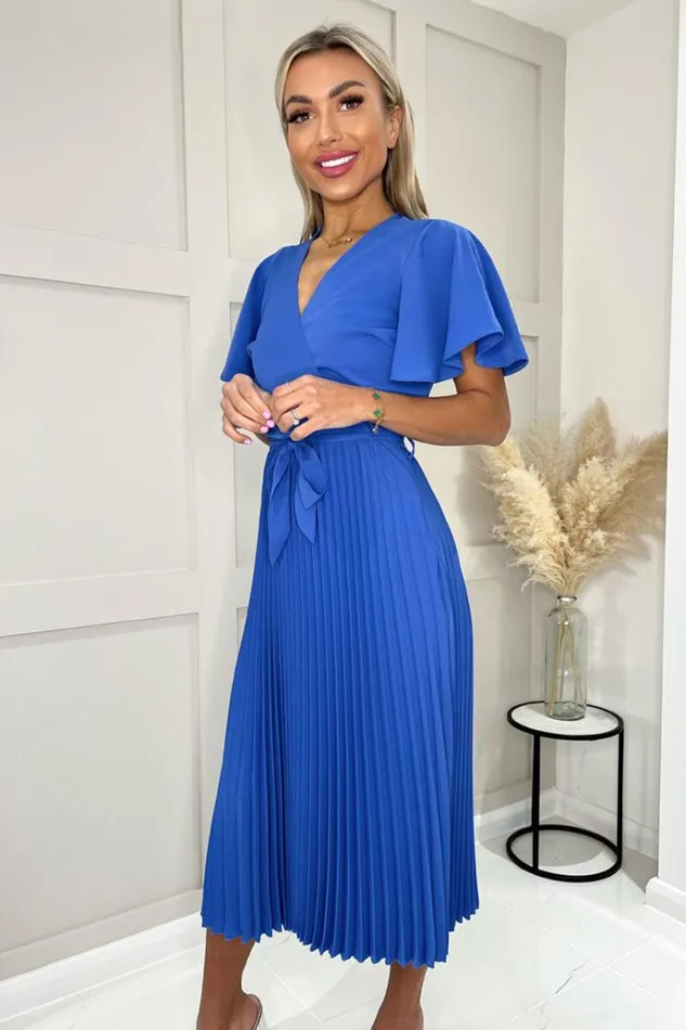 AX Paris Blue Pleated Midi Dress With Tie Waist Women Dresses