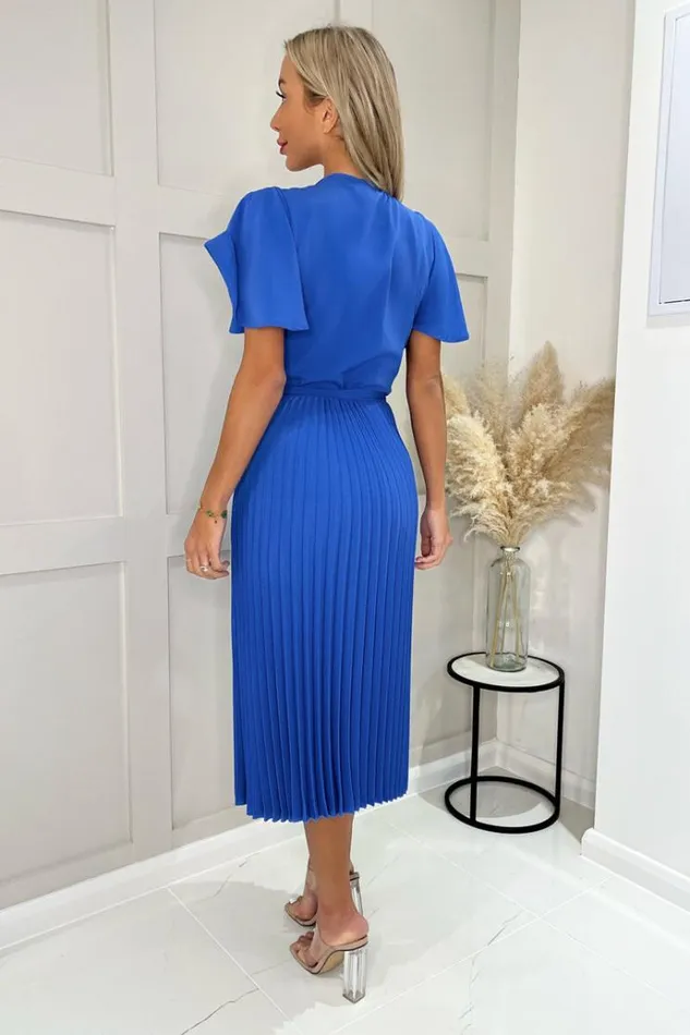 AX Paris Blue Pleated Midi Dress With Tie Waist Women Dresses
