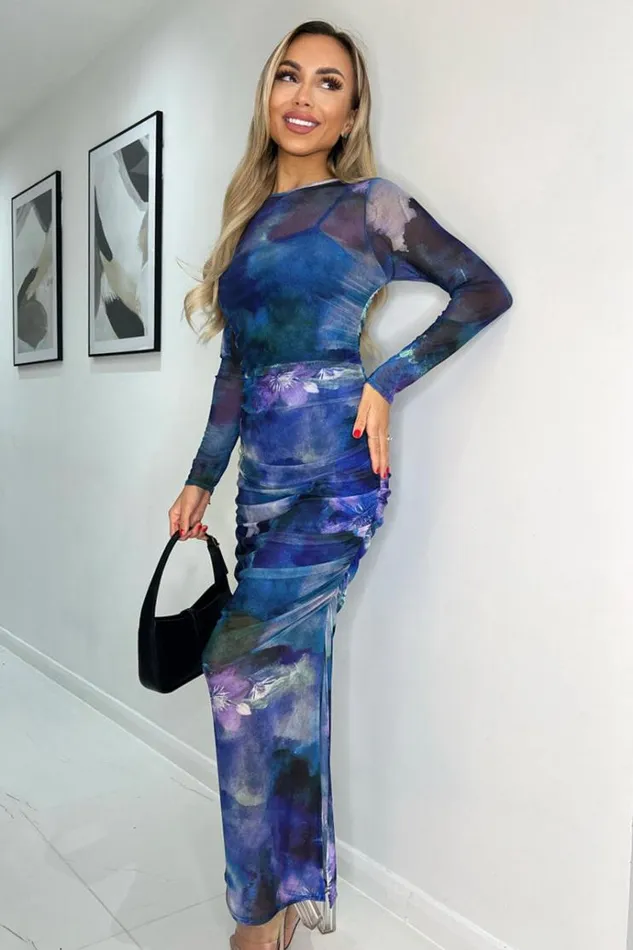 AX Paris Blue Printed Mesh Overlay Long Sleeve Bodycon Midi Dress Women Dresses