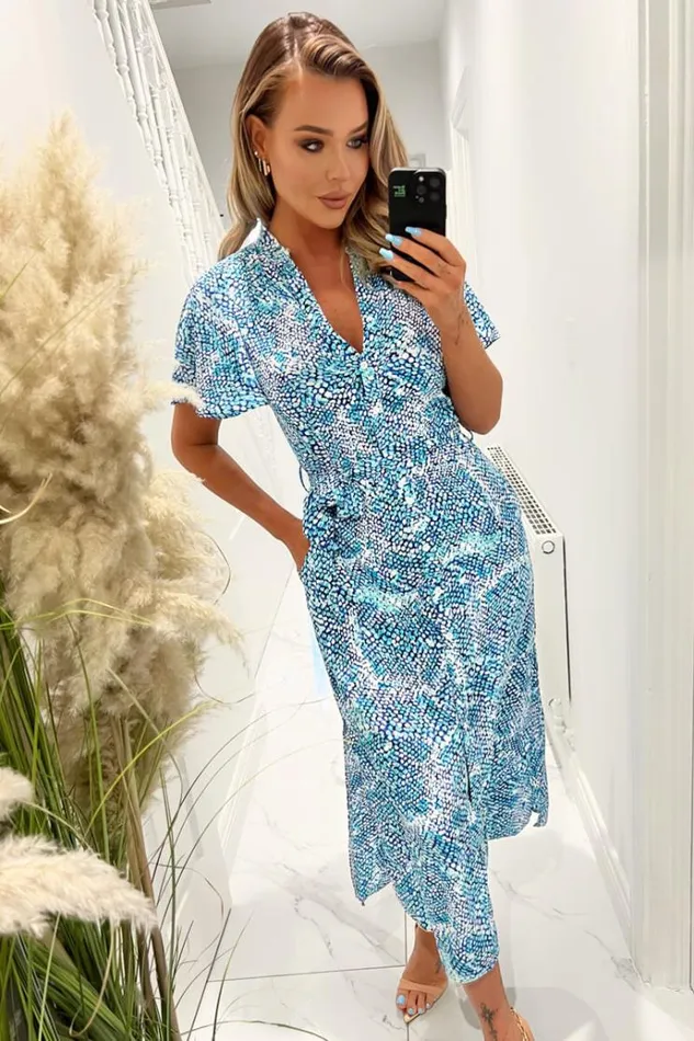 AX Paris Blue Printed Short Sleeve Belted Button Up Shirt Dress Women Dresses