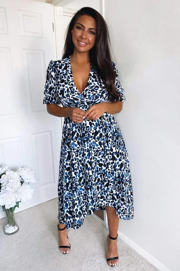 AX Paris Blue Printed Wrap Tie Midi Dress Women Dresses