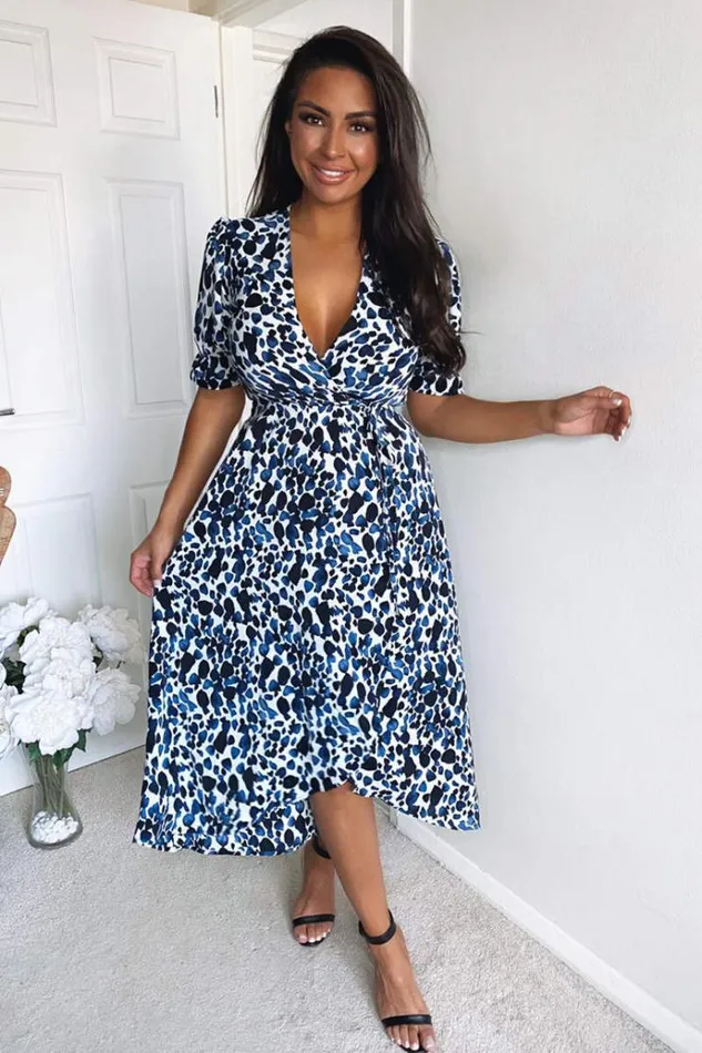 AX Paris Blue Printed Wrap Tie Midi Dress Women Dresses