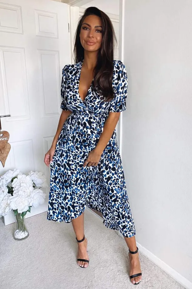 AX Paris Blue Printed Wrap Tie Midi Dress Women Dresses
