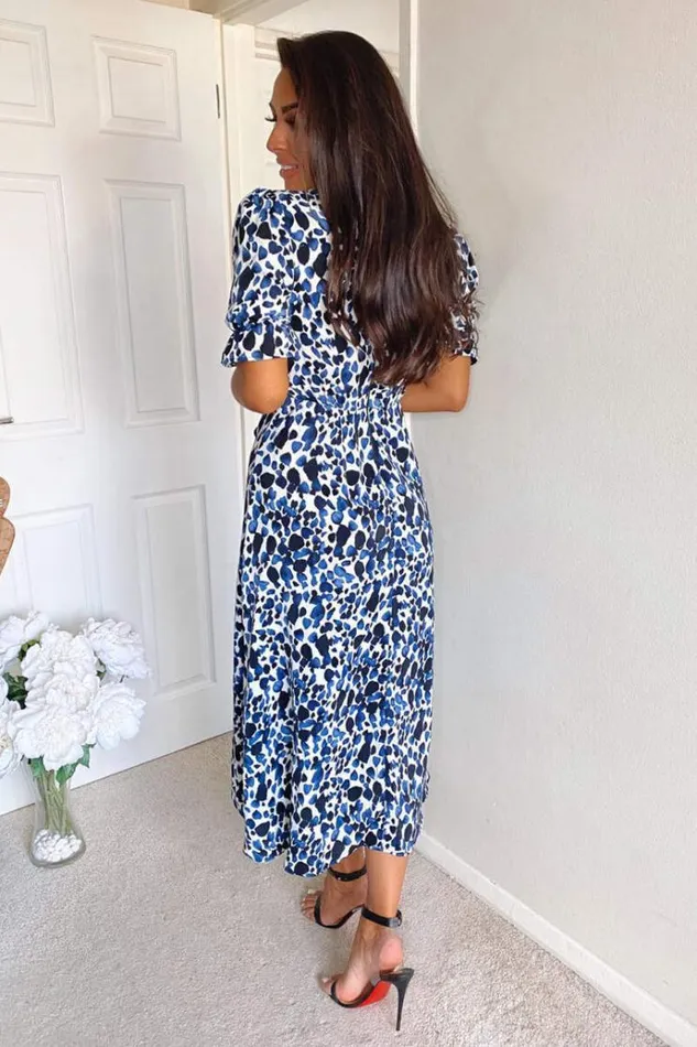 AX Paris Blue Printed Wrap Tie Midi Dress Women Dresses