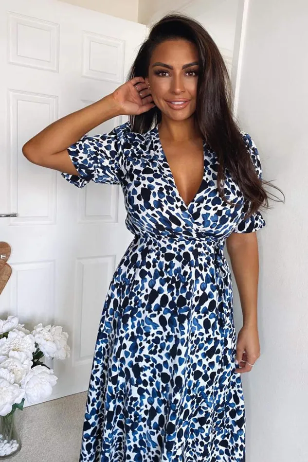AX Paris Blue Printed Wrap Tie Midi Dress Women Dresses